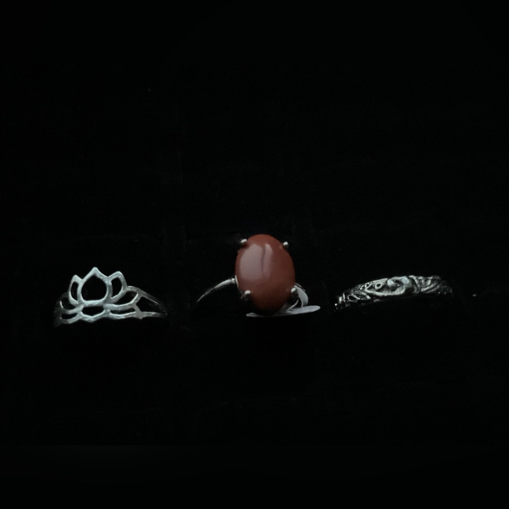 New x3 Silver Tone Ring Synthetic Brown Hessonite Garnet Lotus Boho Set Sz 8-9.5